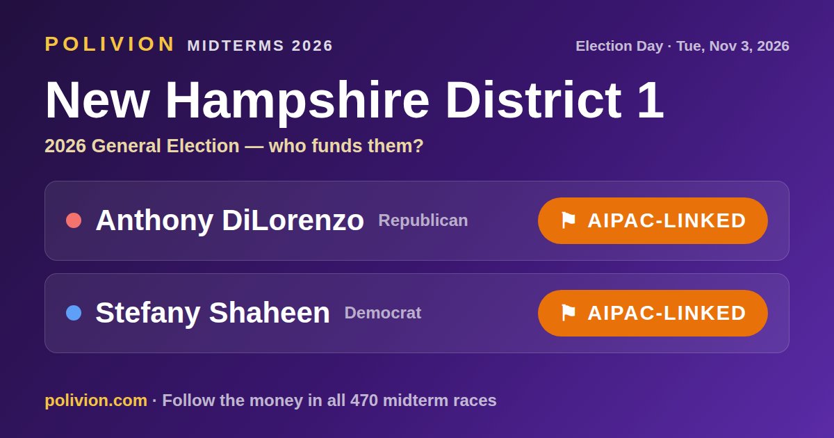 Share card for the 2026 New Hampshire District 1 race on PoliVion. AIPAC-linked: Stefany Shaheen and Anthony DiLorenzo. Follow the money in all 470 midterm races at polivion.com.